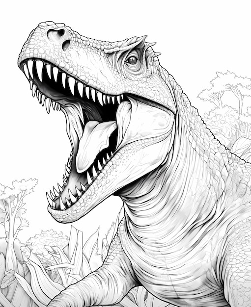 image en noir et blanc d'un dinosaure Indominus rex pour la page du livre à colorier