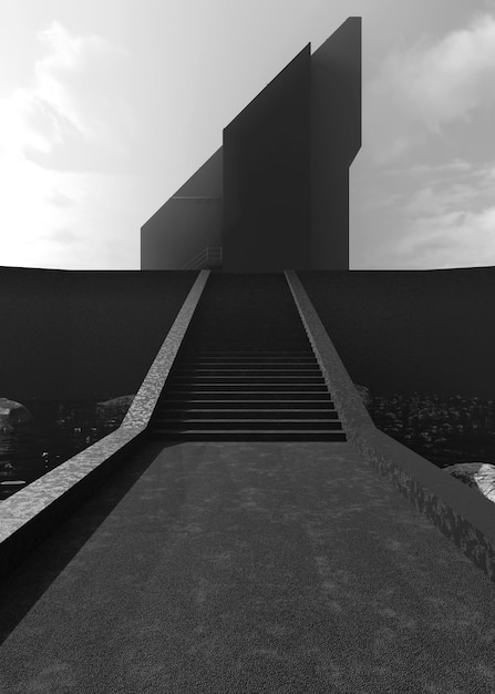 Une image en noir et blanc d'un escalier menant à un bâtiment avec un fond de ciel.