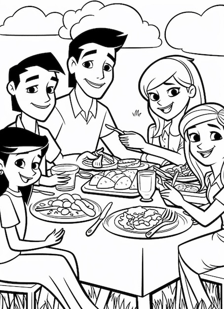 une image en noir et blanc d'une famille mangeant de la pizza ensemble ai générative