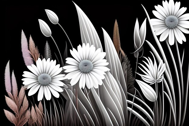 Une image en noir et blanc de fleurs avec des plumes sur le fond.