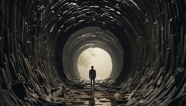 une image en noir et blanc d'un homme émergeant d'un tunnel vu de derrière les mains sur le mur