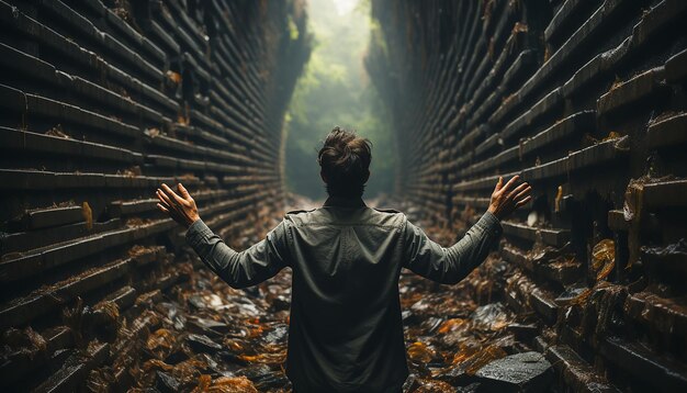 Photo une image en noir et blanc d'un homme émergeant d'un tunnel vu de derrière les mains sur le mur