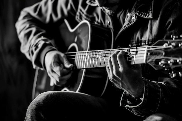 image en noir et blanc d'un homme jouant de la guitare