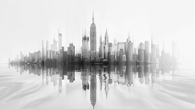 une image en noir et blanc d'un horizon de la ville avec le reflet du bâtiment dans l'eau