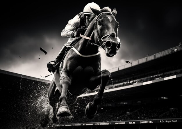 Une image en noir et blanc d'un jockey en plein air capturée lors d'un saut par-dessus un obstacle.