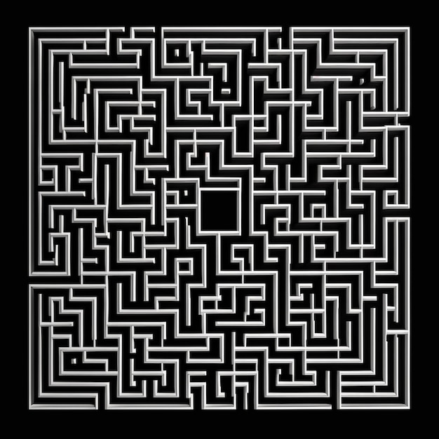 une image en noir et blanc d'un labyrinthe avec un fond noir ai générative