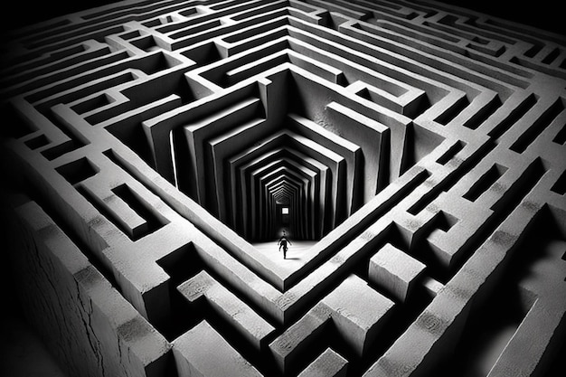 Une image en noir et blanc d'un labyrinthe avec une personne debout dedans.