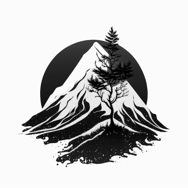 Une image en noir et blanc d'une montagne avec un arbre ai génératif