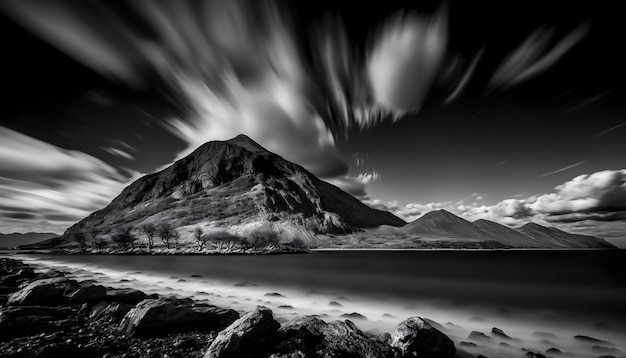 Une image en noir et blanc d'une montagne avec des nuages dans le ciel