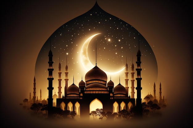 Une image en noir et blanc d'une mosquée avec un croissant de lune en arrière-plan.