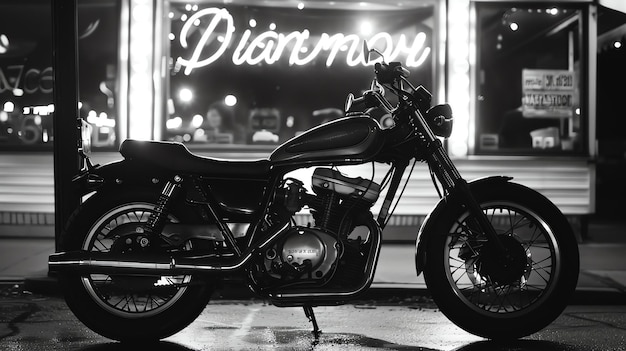 Photo une image en noir et blanc d'une moto garée à l'extérieur d'un restaurant la nuit