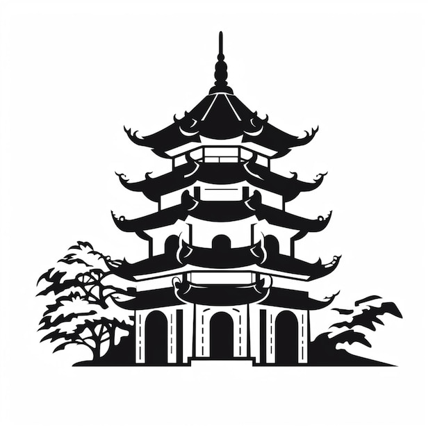 une image en noir et blanc d'une pagode avec des arbres en arrière-plan