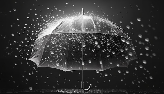 Une image en noir et blanc d'un parapluie avec des gouttelettes d'eau dessus.