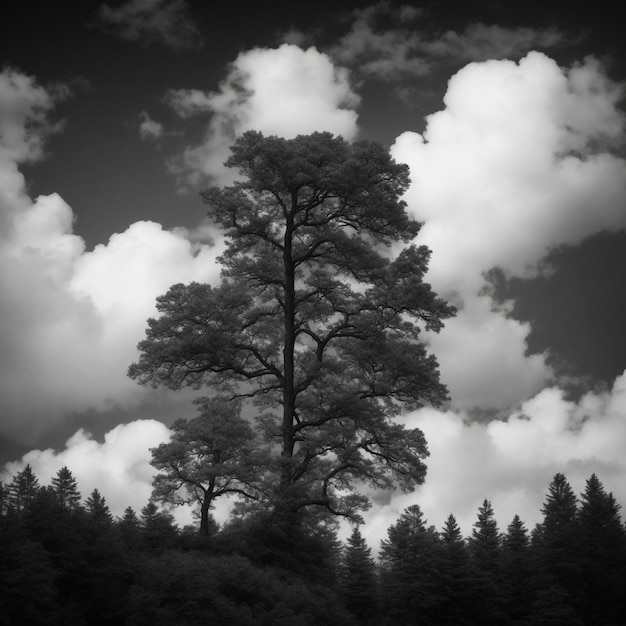 Image en noir et blanc d'un pin dans la forêt avec un ciel spectaculaire