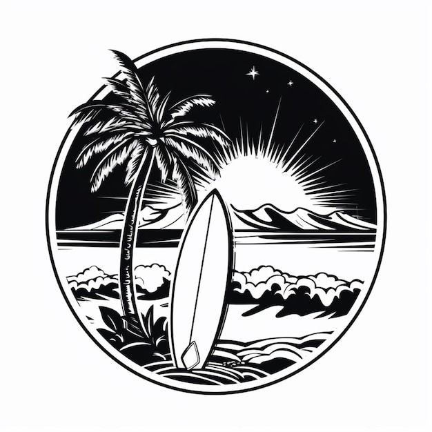 Photo une image en noir et blanc d'une planche de surf sur la plage générative ai
