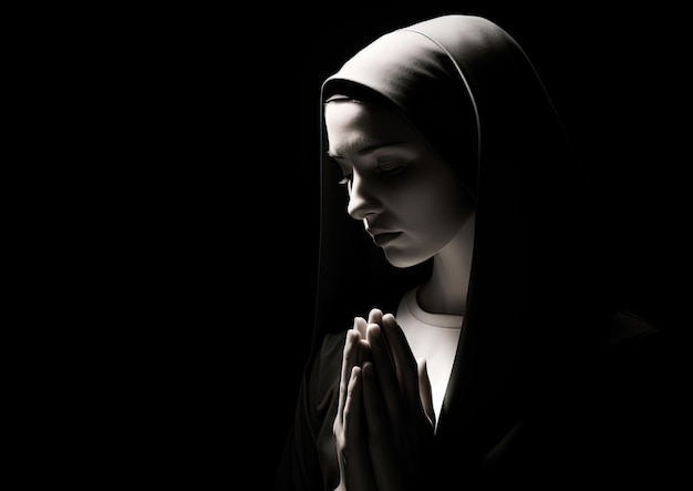 Une image en noir et blanc d'une religieuse en prière capturée dans un style minimaliste avec un fort contraste et