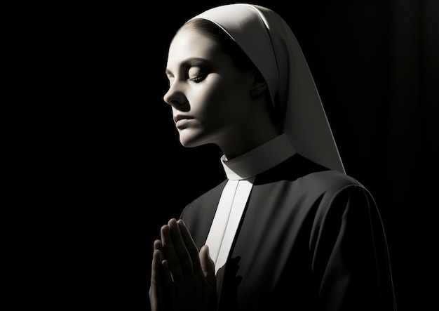 Une image en noir et blanc d'une religieuse en prière capturée dans un style minimaliste avec un fort contraste et