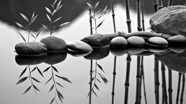 Photo une image en noir et blanc de rochers et de bambous sur un lac.