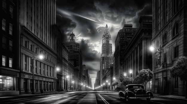 une image en noir et blanc d'une rue de la ville avec une voiture qui la descend.