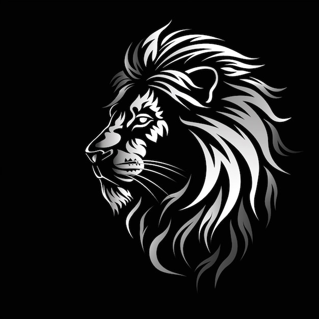 une image en noir et blanc d'une tête de lion avec une crinière blanche