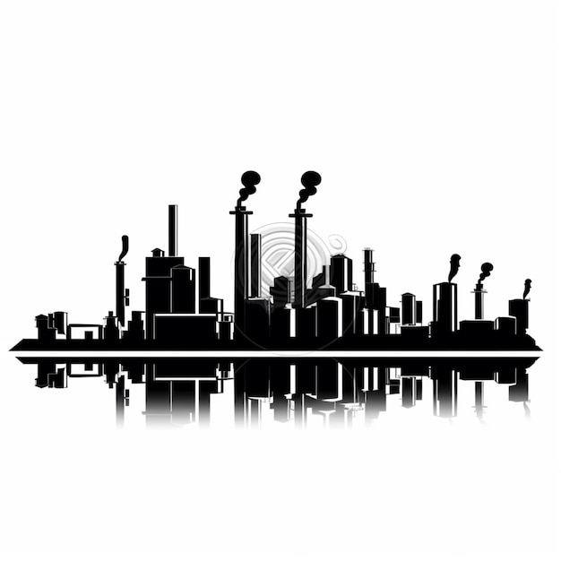 une image en noir et blanc d'une usine avec des cheminées de fumée