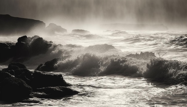 Une image en noir et blanc de vagues se brisant sur une plage rocheuse.