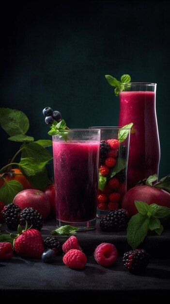 Une image en noir et blanc d'un verre de jus de fruits avec des mûres et des mûres.