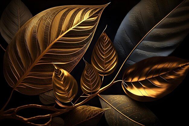 Une image en noir et or de feuilles d'or et un fond noir.