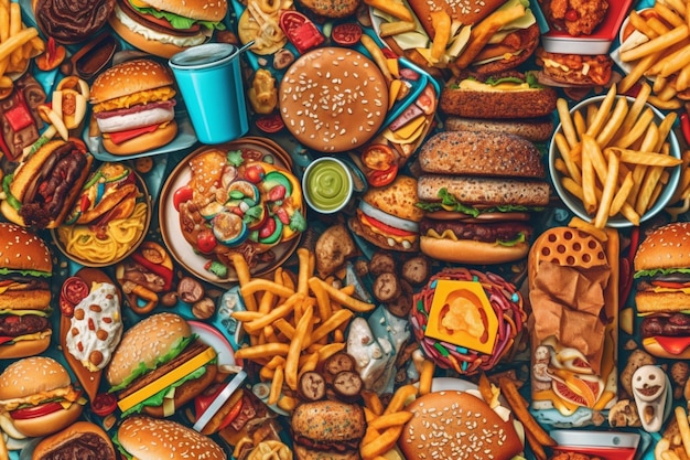 Une image de nombreux produits de restauration rapide différents, notamment des hamburgers, des frites et une tasse de sauce.