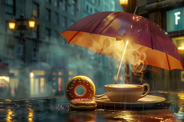 Image numérique 3D Un parapluie sur un café et un donut