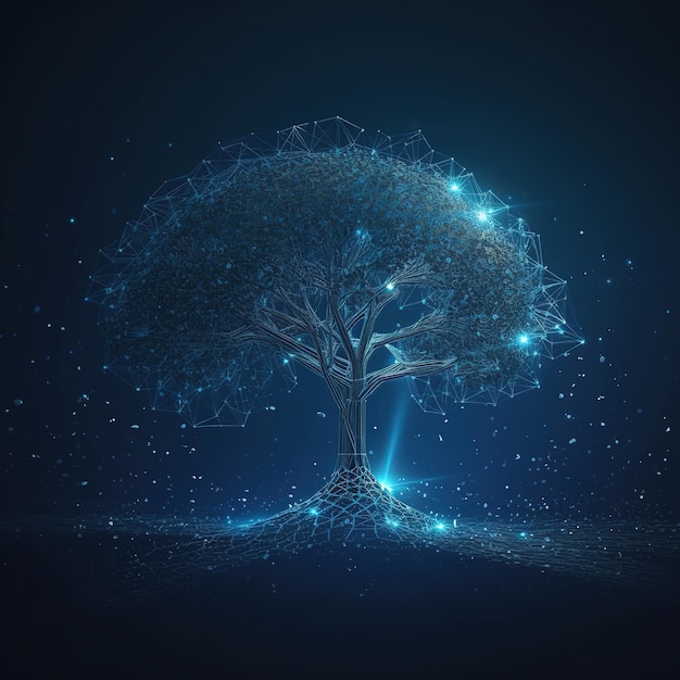 Une image numérique bleue d'un arbre avec le mot arbre au milieu.