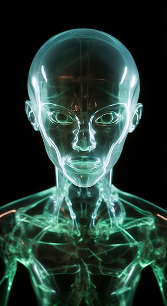 une image numérique d'une tête humaine aux yeux verts et sur fond noir