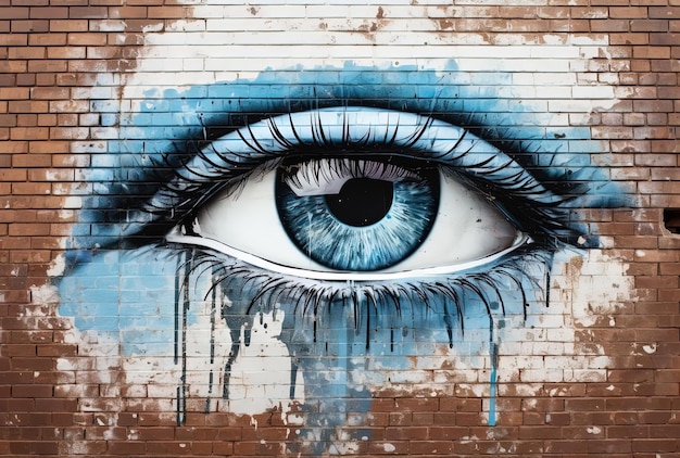 Photo une image d'un œil avec des yeux bleus sur un mur de brique dans le style d'installations de graffitis