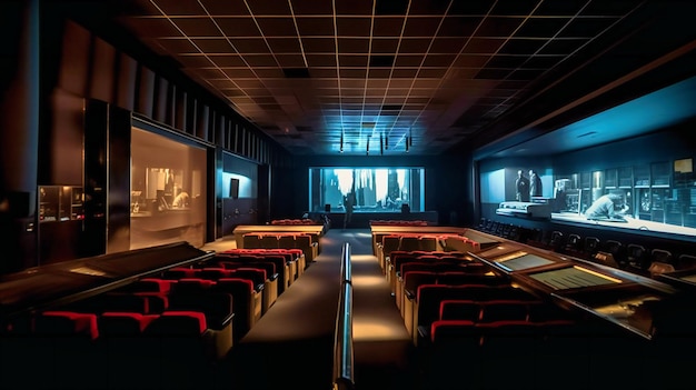 L'image offre un point de vue unique sur le théâtre vide et son écran noir