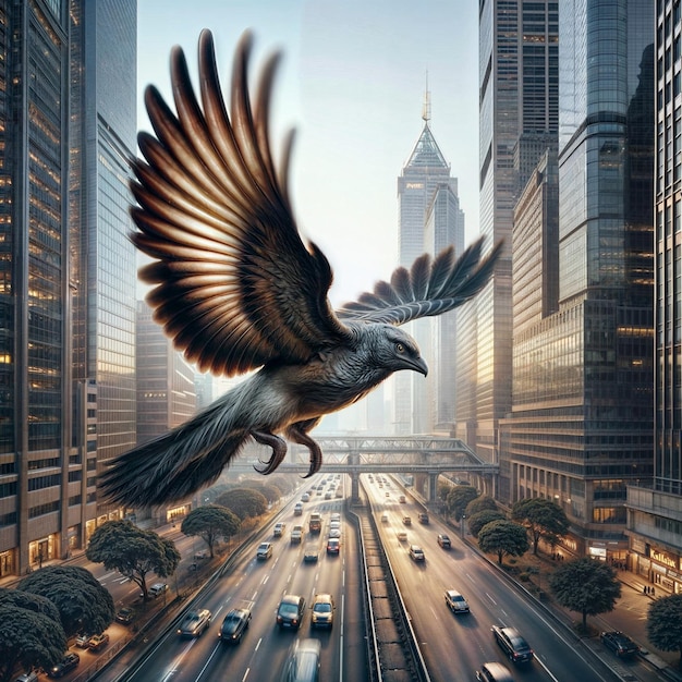 Photo image d'un oiseau volant au-dessus d'une ville