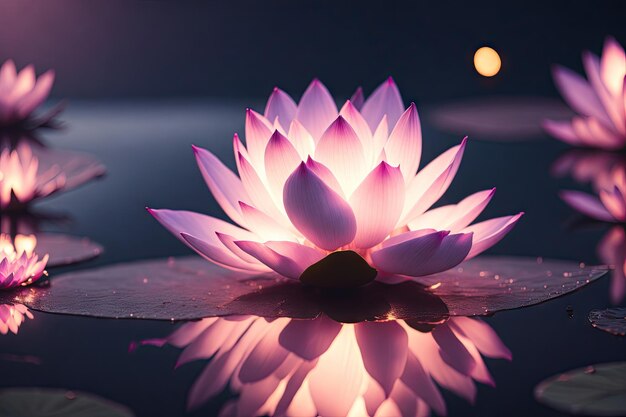 Image onirique d'une fleur de lotus lumineuse et lumineuse générative par IA