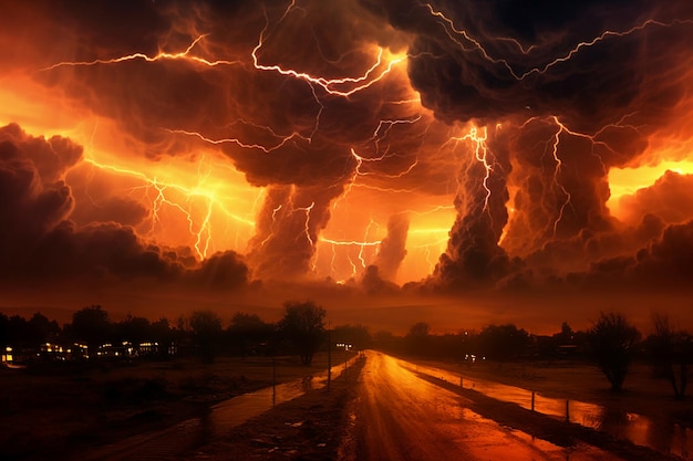 Une image d'un orage avec des éclairs et une route en arrière-plan