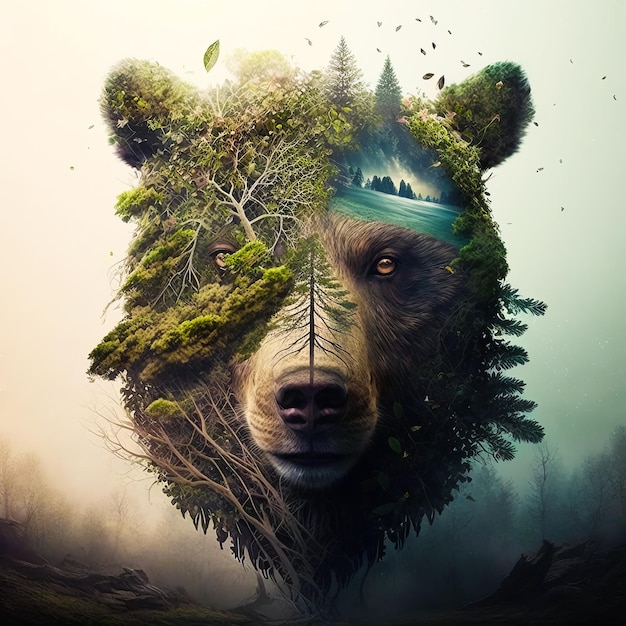 Une image d'ours avec des arbres et une forêt en arrière-plan Generative AI