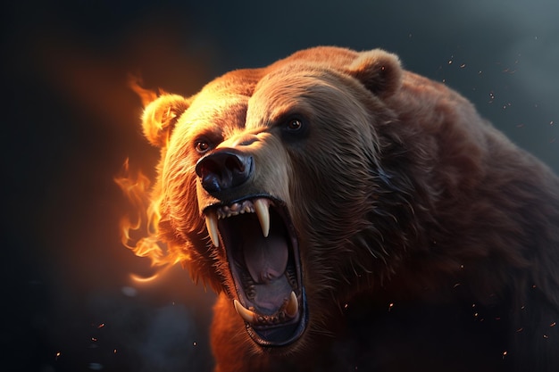 Image d'un ours brun en colère et de flammes Illustration d'animaux de la faune AI générative