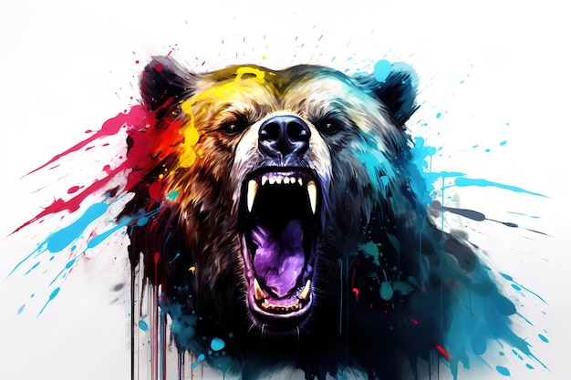 L'image d'un ours coloré est très en colère sur fond blanc Illustration des animaux sauvages IA générative