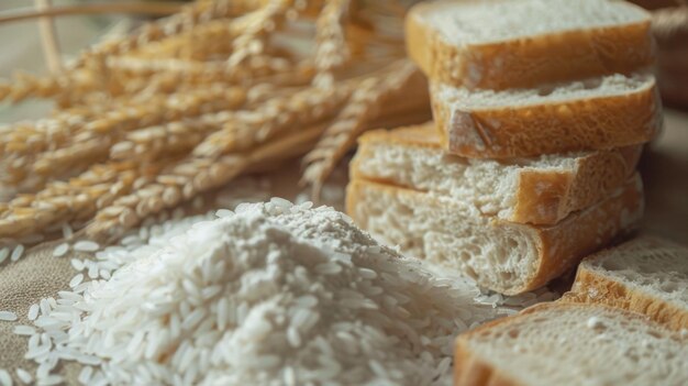 Une image de pain fait avec de la farine de riz, des oreilles de riz, de la farines de riz blanc et du pain ordinaire.