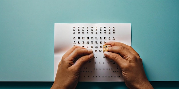 Image d'une paire de mains tenant un morceau de papier sur lequel est écrit l'alphabet braille