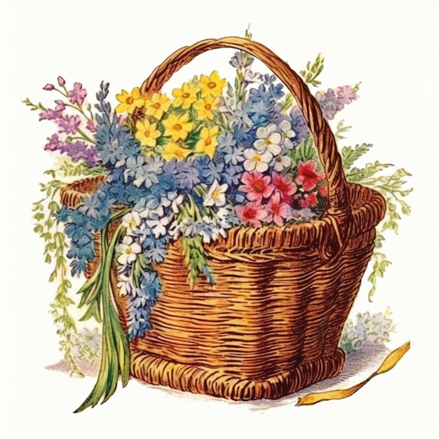 Photo une image d'un panier avec des fleurs et des feuilles dessus