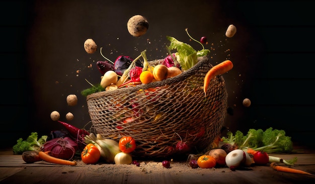 Une image avec un panier de légumes qui en tombe