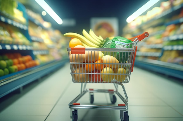 Image d'un panier rempli de produits dans un supermarché