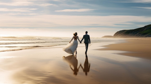 Image panoramique de jeunes mariés se promenant sur la plage festive