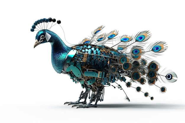Photo image d'un paon modifié en robot électronique sur fond blanc faune animaux oiseaux illustration generative ai