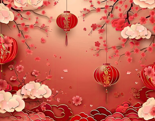 une image d'un papier rouge avec des lanternes chinoises dessus