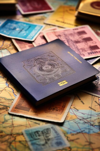Photo image d'un passeport ouvert avec des timbres de visa sur la table des timbres des différents pays