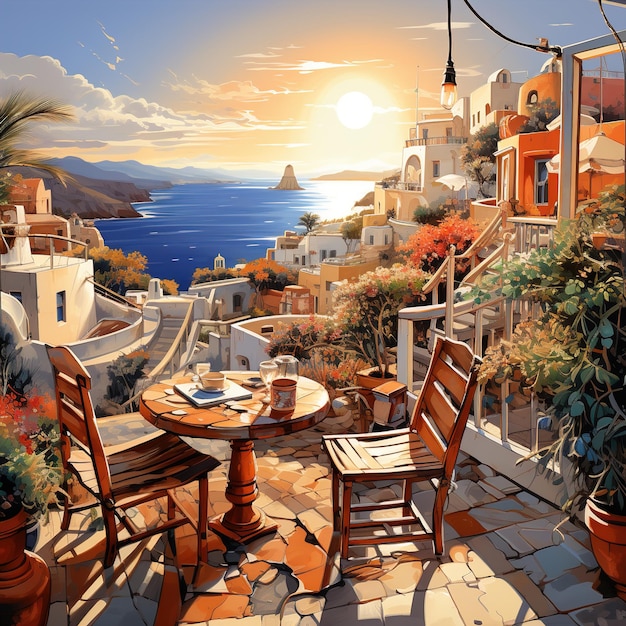 Photo une image d'un patio avec une table et des chaises et un coucher de soleil